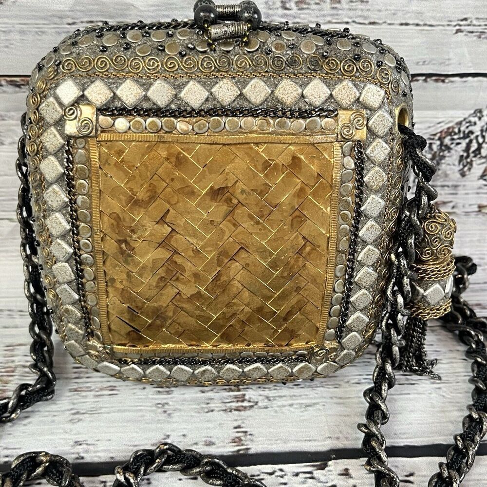Vintage Metallic Gold Magnetic Snap Crossbody Purse Handbag Bag Wedding Evening - Picture 4 of 16